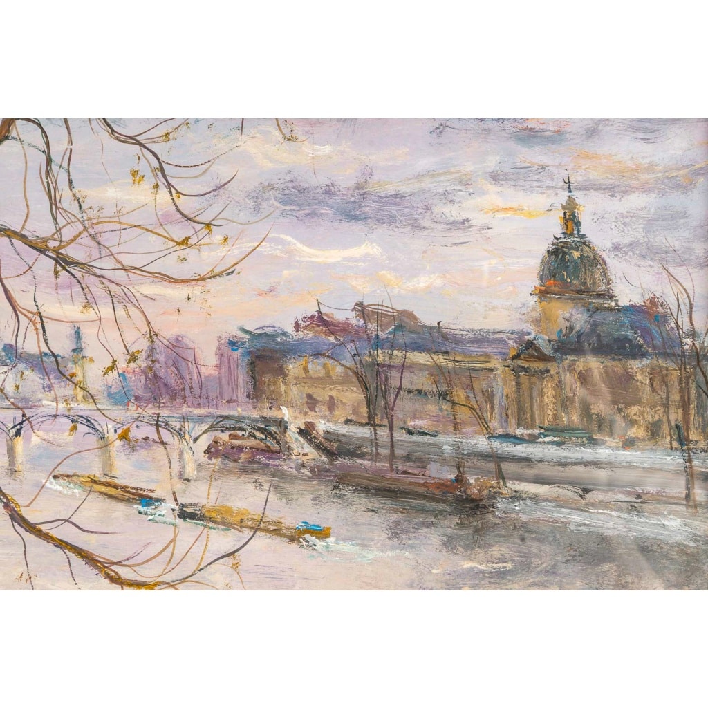 Serge Belloni (1925-2005) – Le Pont des Arts et l’Institut huile sur panneau vers 1980 | Biron 