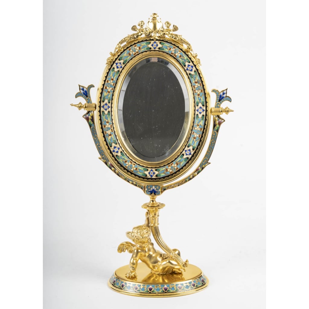 Miroir de table en bronze doré et émail cloisonné, période Napoléon III. | Biron 