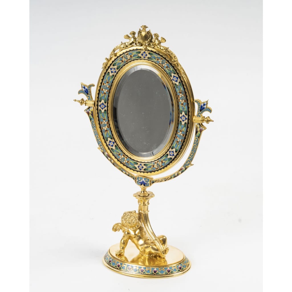 Miroir de table en bronze doré et émail cloisonné, période Napoléon III. | Biron 