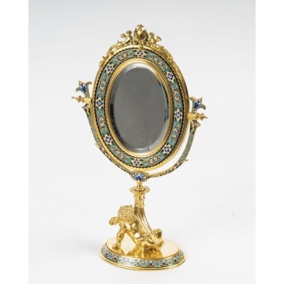 Miroir de table en bronze doré et émail cloisonné, période Napoléon III.