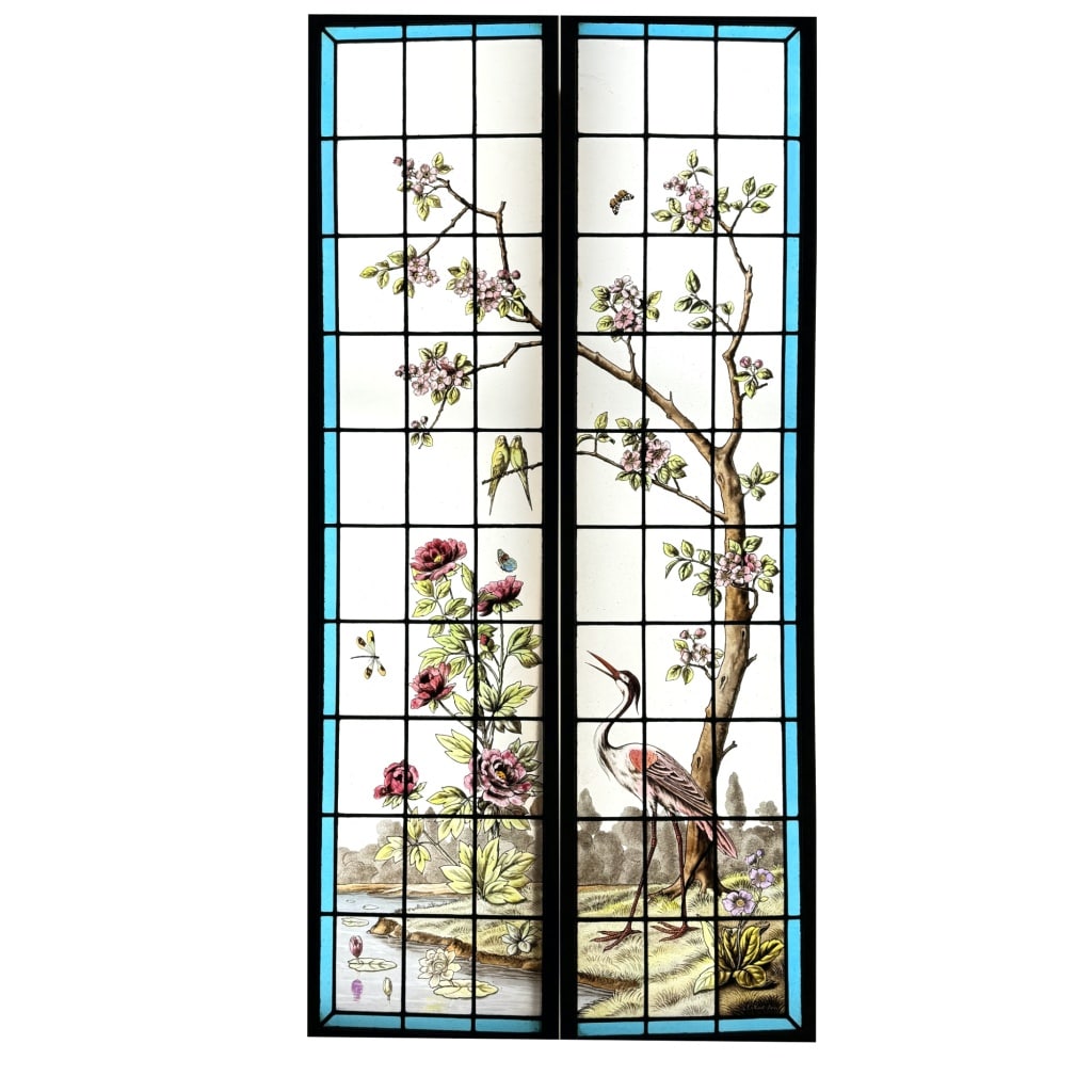 Vitrail vitraux scène lacustre signés L. Collinet (H195cm L192cm) | Biron 