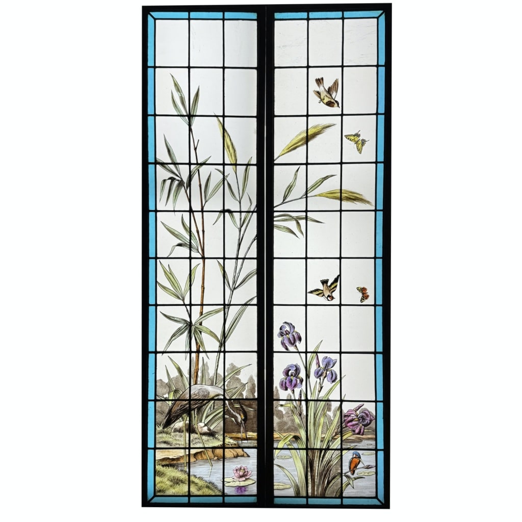 Vitrail vitraux scène lacustre signés L. Collinet (H195cm L192cm) | Biron 