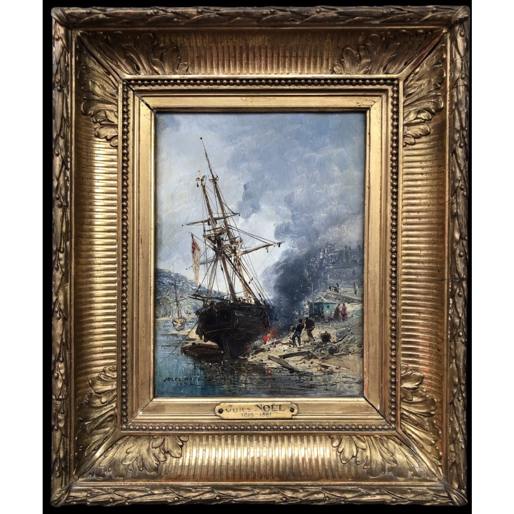 NOEL Jules Voilier en cale 1872 Huile Sur panneau Signée Datée Certificat d’Authenticité | Biron 