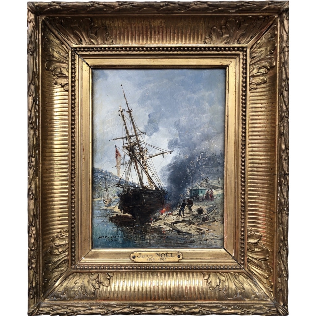 NOEL Jules Voilier en cale 1872 Huile Sur panneau Signée Datée Certificat d’Authenticité | Biron 