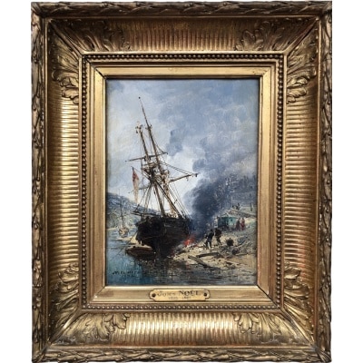 NOEL Jules Voilier en cale 1872 Huile Sur panneau Signée Datée Certificat d'Authenticité
