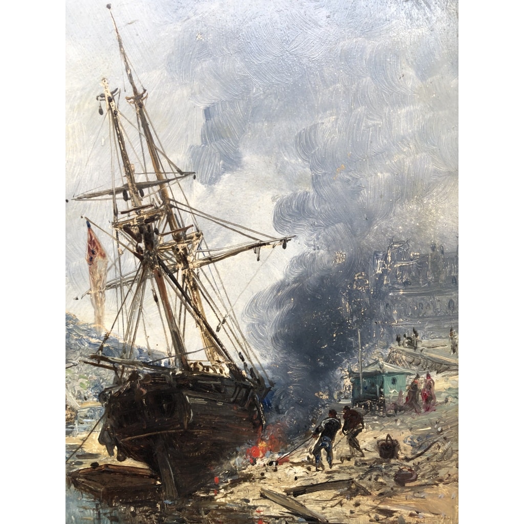 NOEL Jules Voilier en cale 1872 Huile Sur panneau Signée Datée Certificat d’Authenticité | Biron 