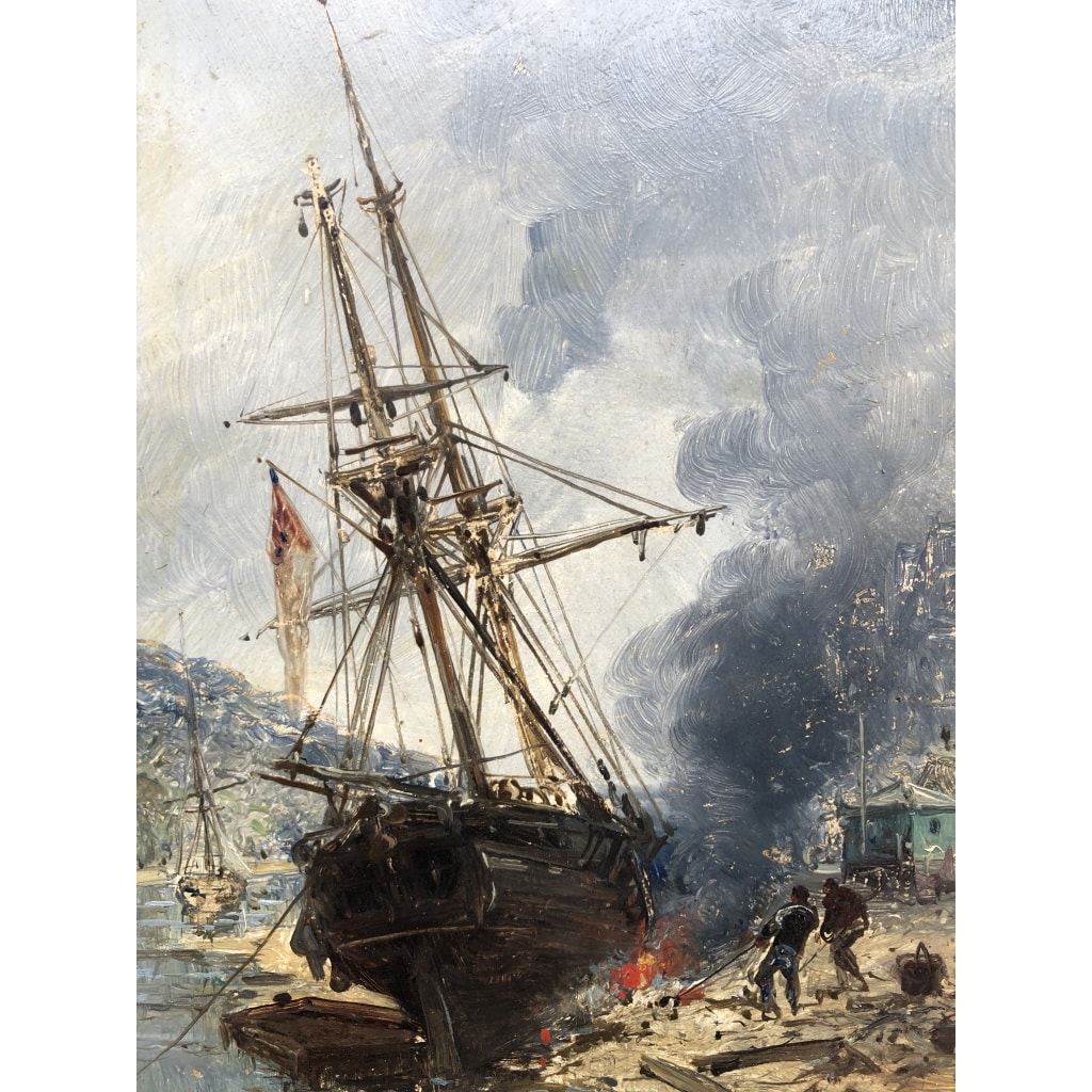 NOEL Jules Voilier en cale 1872 Huile Sur panneau Signée Datée Certificat d’Authenticité | Biron 