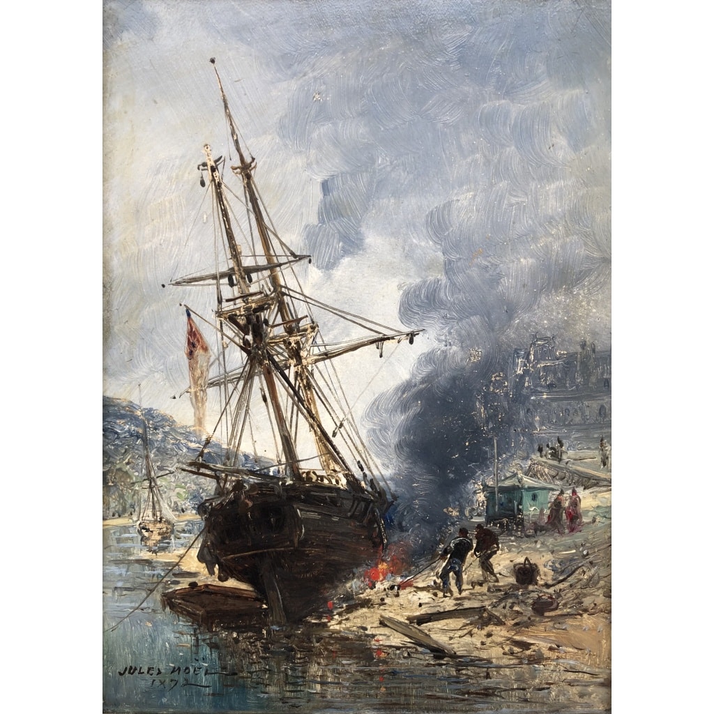 NOEL Jules Voilier en cale 1872 Huile Sur panneau Signée Datée Certificat d’Authenticité | Biron 