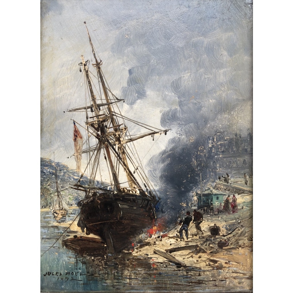 NOEL Jules Voilier en cale 1872 Huile Sur panneau Signée Datée Certificat d’Authenticité | Biron 
