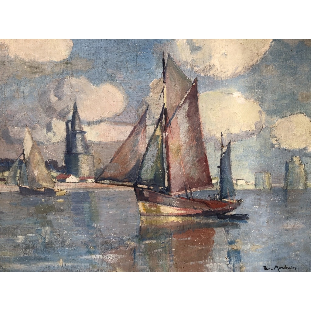 Morchain Paul Peinture 20è Bateaux De Pêche Sortant Du Port De La Rochelle Huile Signée Certificat | Biron 