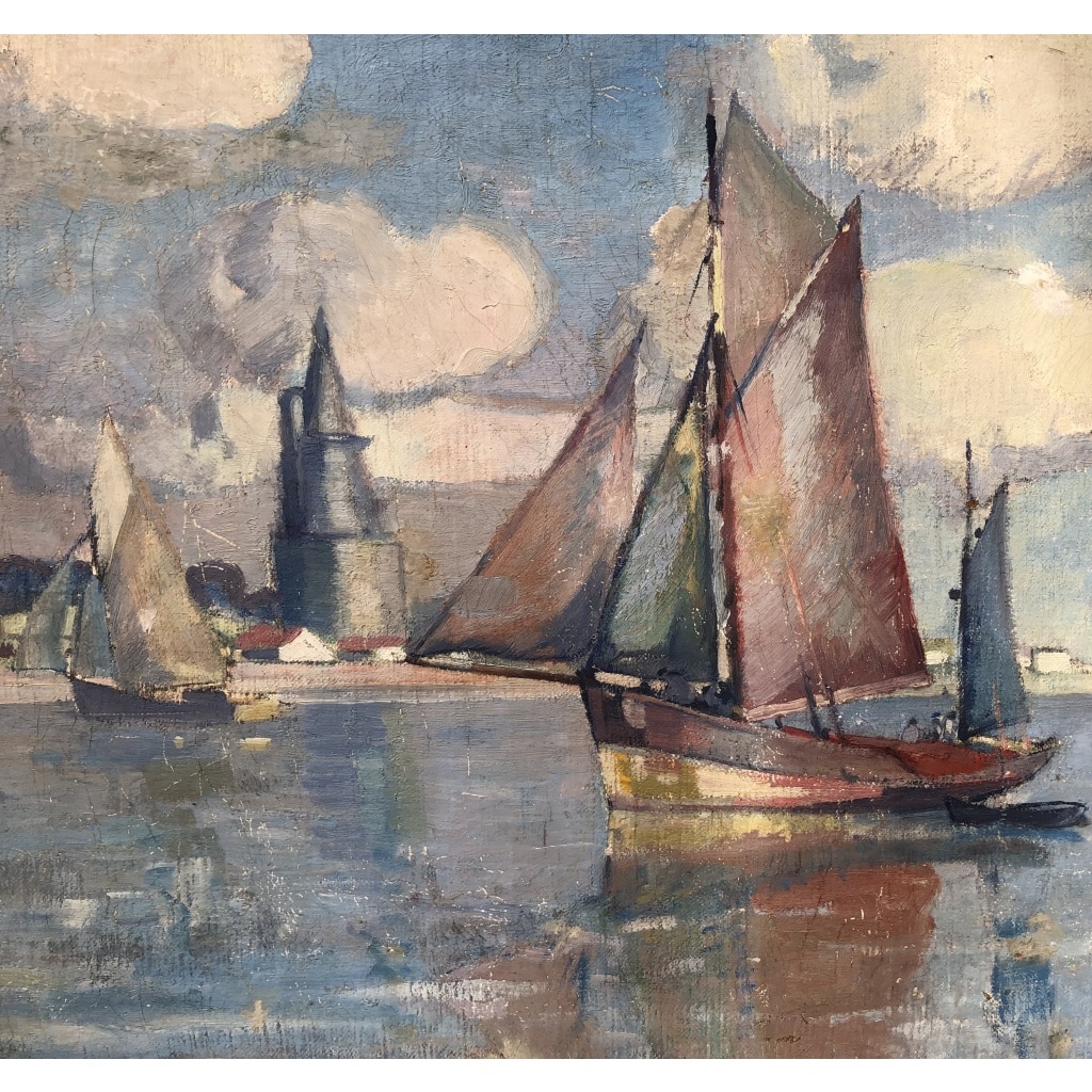 Morchain Paul Peinture 20è Bateaux De Pêche Sortant Du Port De La Rochelle Huile Signée Certificat | Biron 