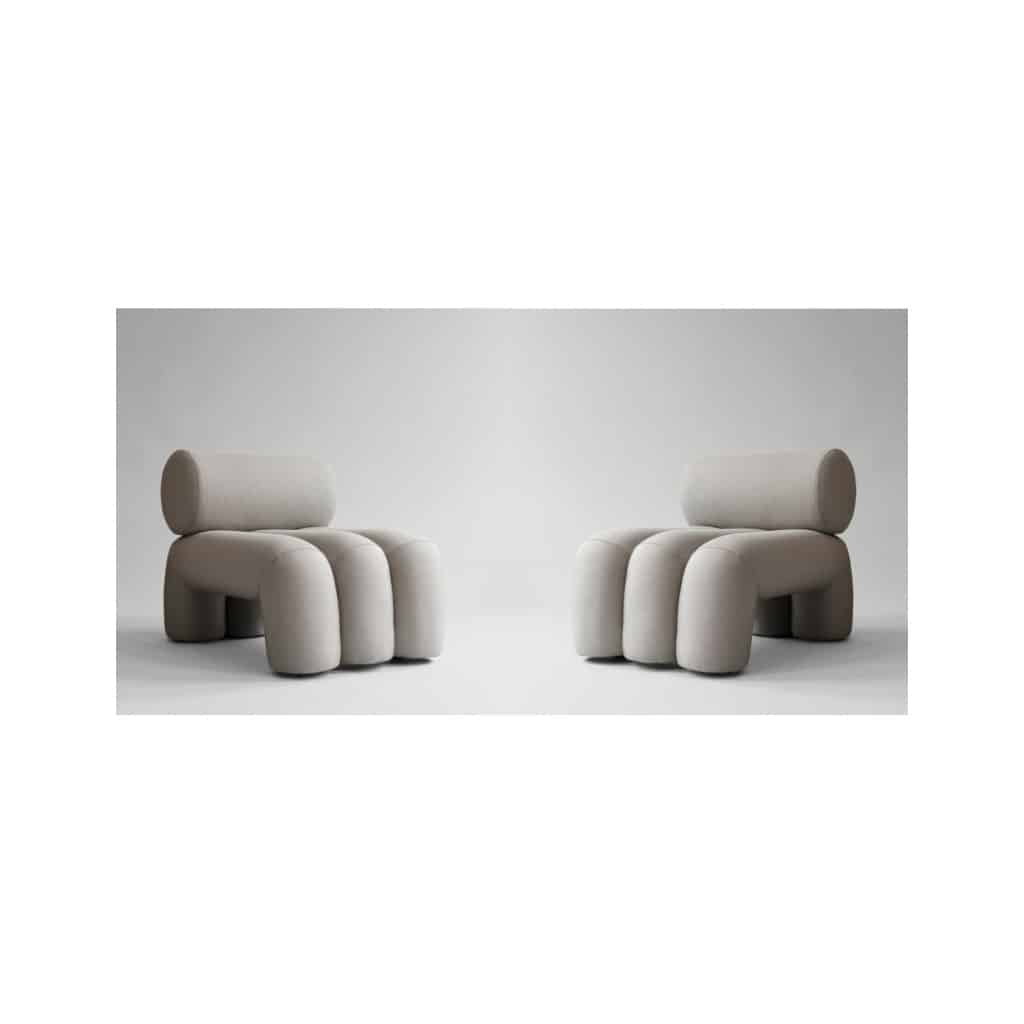 Paire de fauteuils contemporain – couleur taupe – tissu résistant au soleil – design milieu XXIème siècle. | Biron 