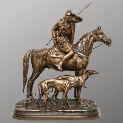 Sculpture - Cavalier Arabe Avec Deux Lévriers , Alfred Dubucand (1828-1894) - Bronze