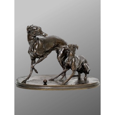 Groupe En Bronze "Deux Levrettes Jouant à La Boule" , Pierre-jules Mêne (1810-1879)