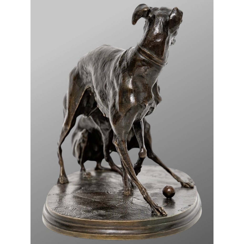 Groupe En Bronze « Deux Levrettes Jouant à La Boule » , Pierre-jules Mêne (1810-1879) | Biron 