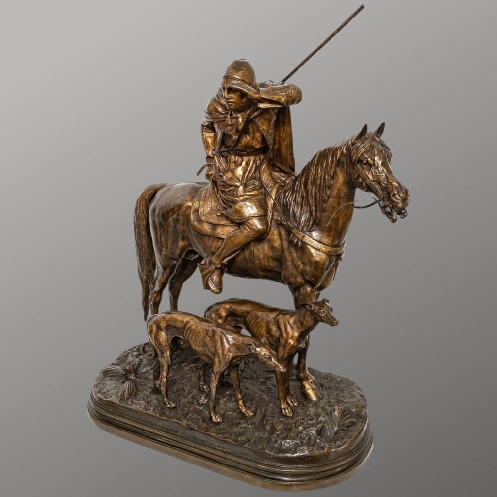 Sculpture – Cavalier Arabe Avec Deux Lévriers , Alfred Dubucand (1828-1894) – Bronze | Biron 