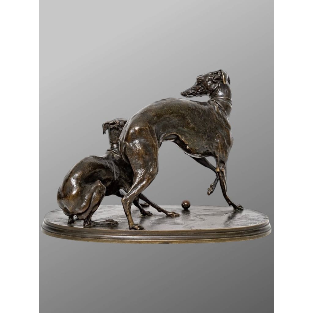 Groupe En Bronze « Deux Levrettes Jouant à La Boule » , Pierre-jules Mêne (1810-1879) | Biron 