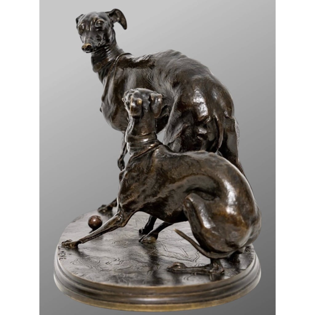 Groupe En Bronze « Deux Levrettes Jouant à La Boule » , Pierre-jules Mêne (1810-1879) | Biron 