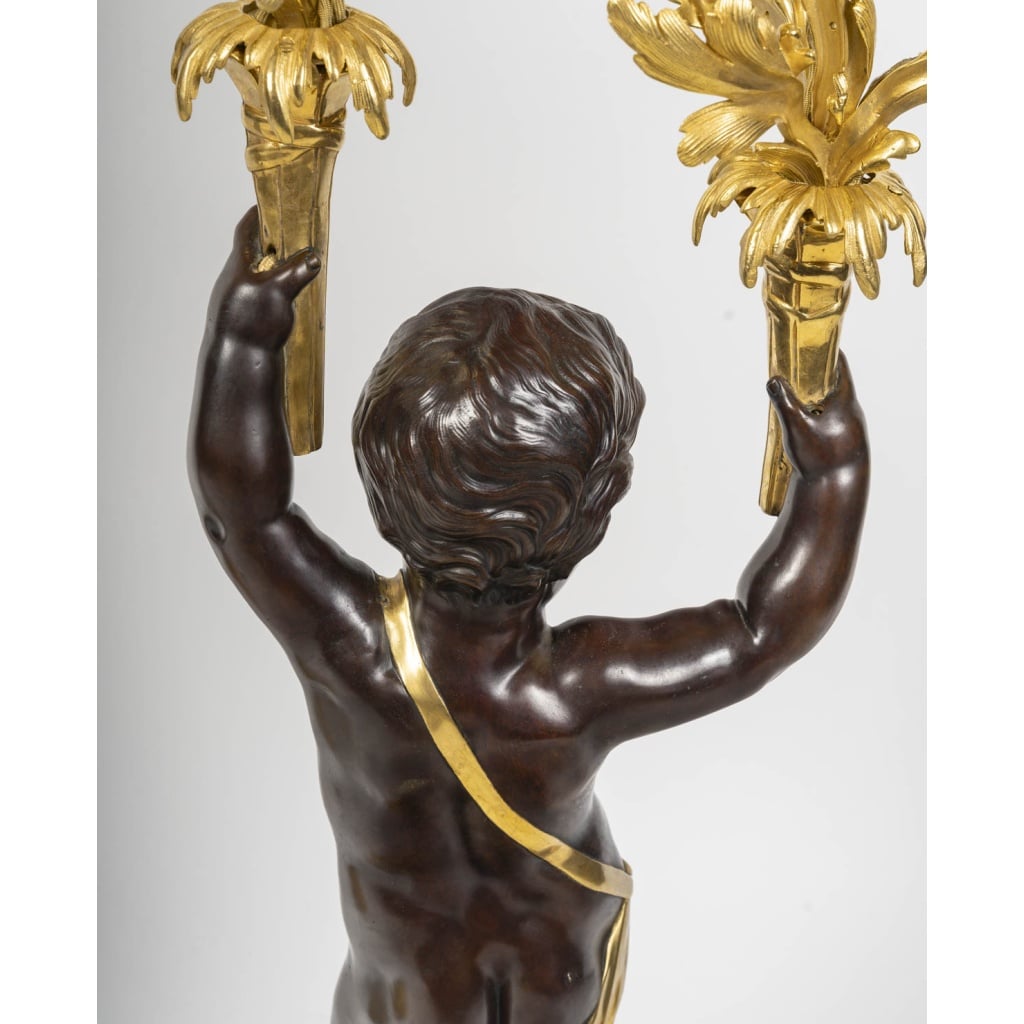 Exceptionnelle paire de grands candélabres Napoléon III en bronze patiné et bronze doré, époque XIXe siècle | Biron 