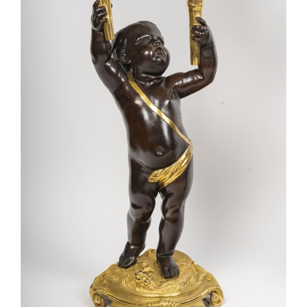 Exceptionnelle paire de grands candélabres Napoléon III en bronze patiné et bronze doré, époque XIXe siècle | Biron 