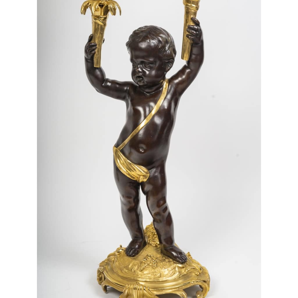 Exceptionnelle paire de grands candélabres Napoléon III en bronze patiné et bronze doré, époque XIXe siècle | Biron 