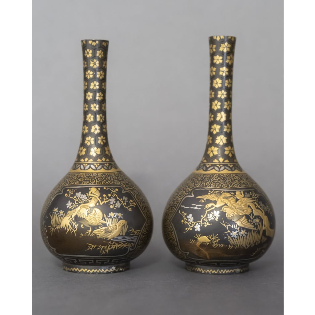 Paire de vases japonais en bronze en Nuno-me-zô-gan | Biron 