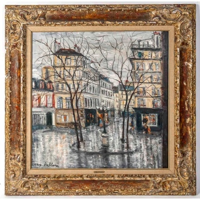 Serge Belloni (1925-2005) - La Place Furstenberg sous la Pluie huile sur toile vers 1970