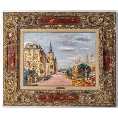 Serge Belloni (1925-2005) - Paris Les Quais aux Fleurs huile sur bois vers 1980