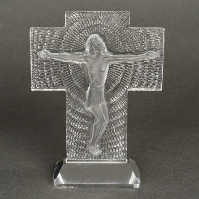Statuette "Crucifix - Christ" verre blanc de René LALIQUE
