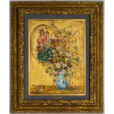 Serge Belloni (1925-2005) - Bouquet de Fleurs dans un Vase de Delft huile sur panneau vers 1970