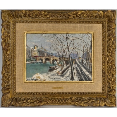 Serge Belloni (1925-2005) Le Pont Marie et l’Ile Saint-Louis sous la Neige Huile sur panneau datée 1969