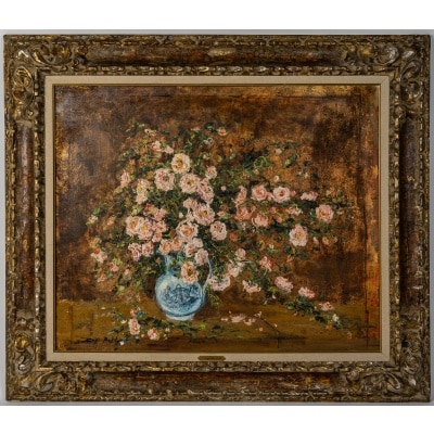 Serge Belloni (1925-2005) - Bouquet de Roses dans un Vase de Delft, huile sur toile vers 1970
