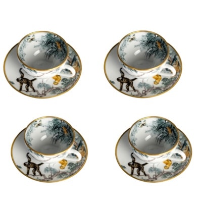 HERMES Paris, Ensemble de 4 Tasses à thé et soucoupe Carnets d'Équateur