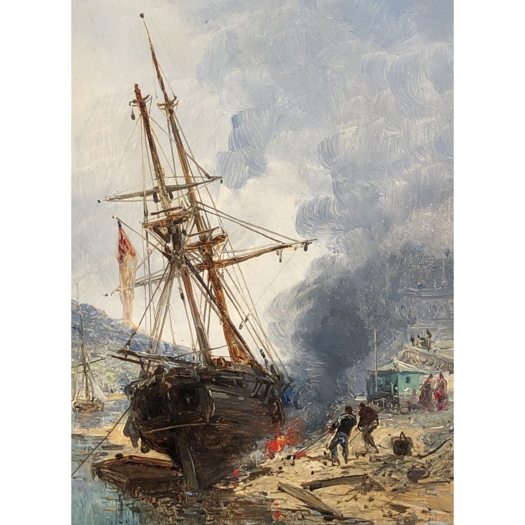 NOEL Jules Ecole Française 19è Voilier en cale 1872 Huile sur panneau Signée Certificat d’authenticité | Biron 