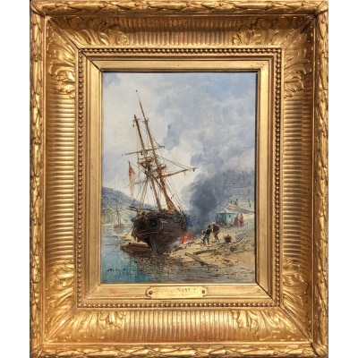 NOEL Jules Ecole Française 19è Voilier en cale 1872 Huile sur panneau Signée Certificat d'authenticité