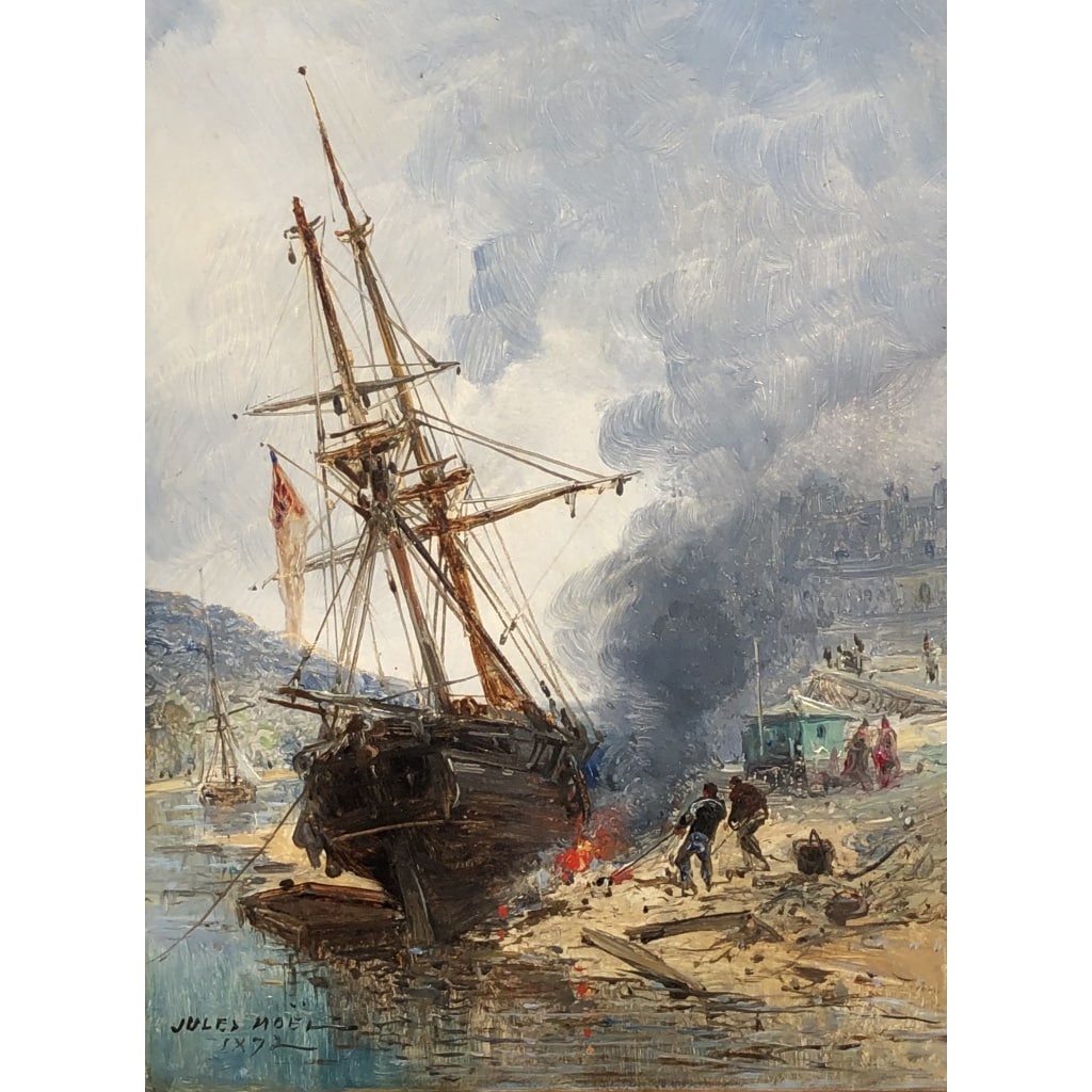 NOEL Jules Ecole Française 19è Voilier en cale 1872 Huile sur panneau Signée Certificat d’authenticité | Biron 