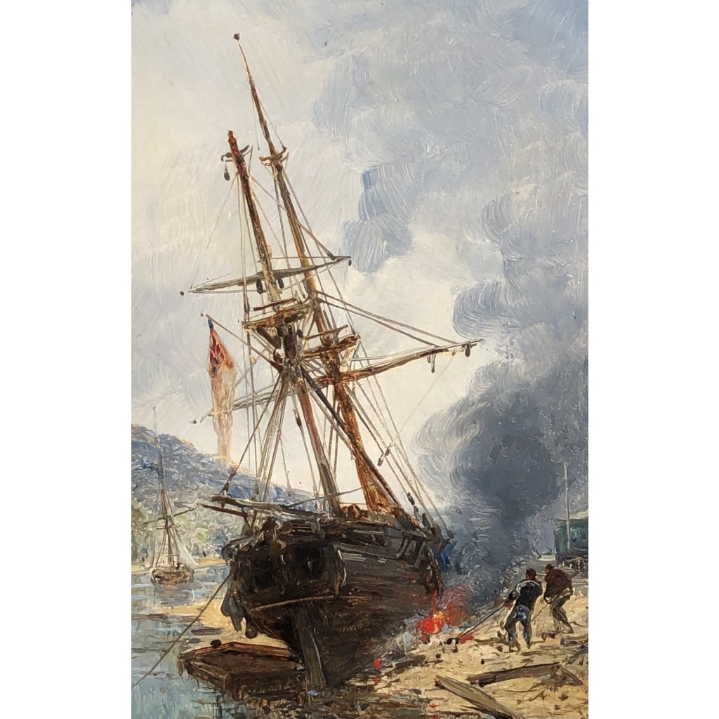 NOEL Jules Ecole Française 19è Voilier en cale 1872 Huile sur panneau Signée Certificat d’authenticité | Biron 