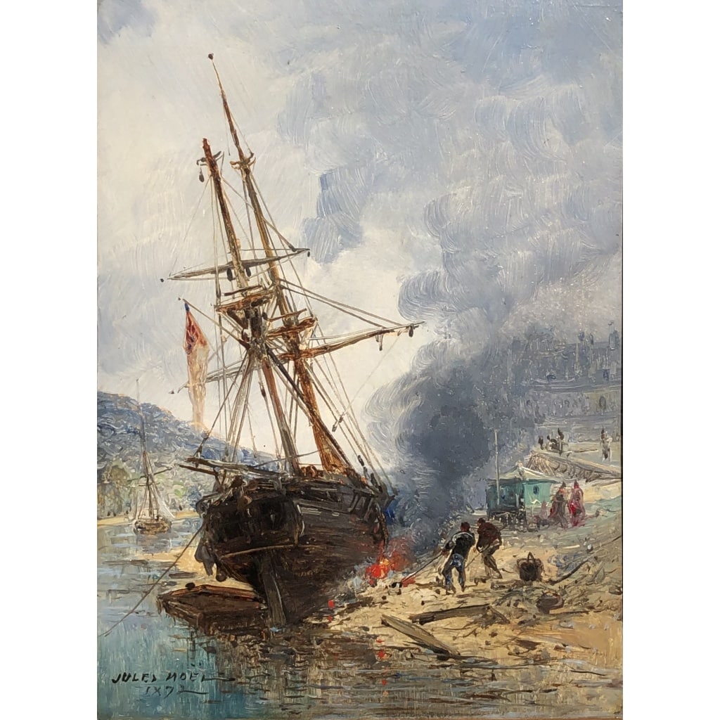 NOEL Jules Ecole Française 19è Voilier en cale 1872 Huile sur panneau Signée Certificat d’authenticité | Biron 