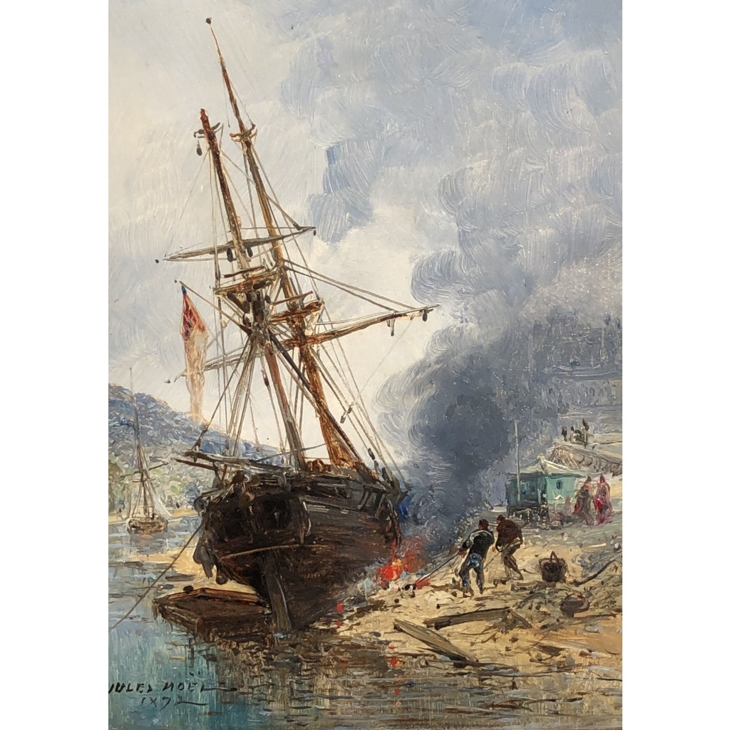 NOEL Jules Ecole Française 19è Voilier en cale 1872 Huile sur panneau Signée Certificat d’authenticité | Biron 