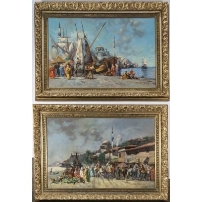 Une Paire De Tableaux, Huile Sur Toile Vue De Istanbul, XXème Siècle