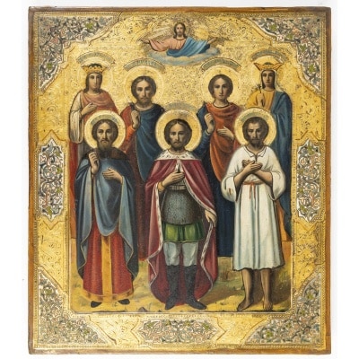 Icône représentant un couple royal entouré de saints, Russie, XIXème siècle.