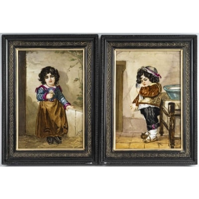 Une Paire De Tableaux Plaques En Porcelaine, Hélène Cahen XIXème Siècle