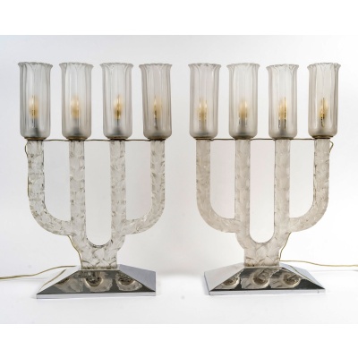 Paire de Candélabres"Quatre Branches Oxford" verre blanc de René LALIQUE