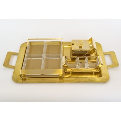 Grand Plateau à Apéritifs en Cristal et Métal Doré – Style Art Déco, Années 1960