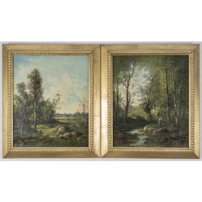Paire de tableaux HENRY CH. paysages de rivière animé, fin XIXème siècle