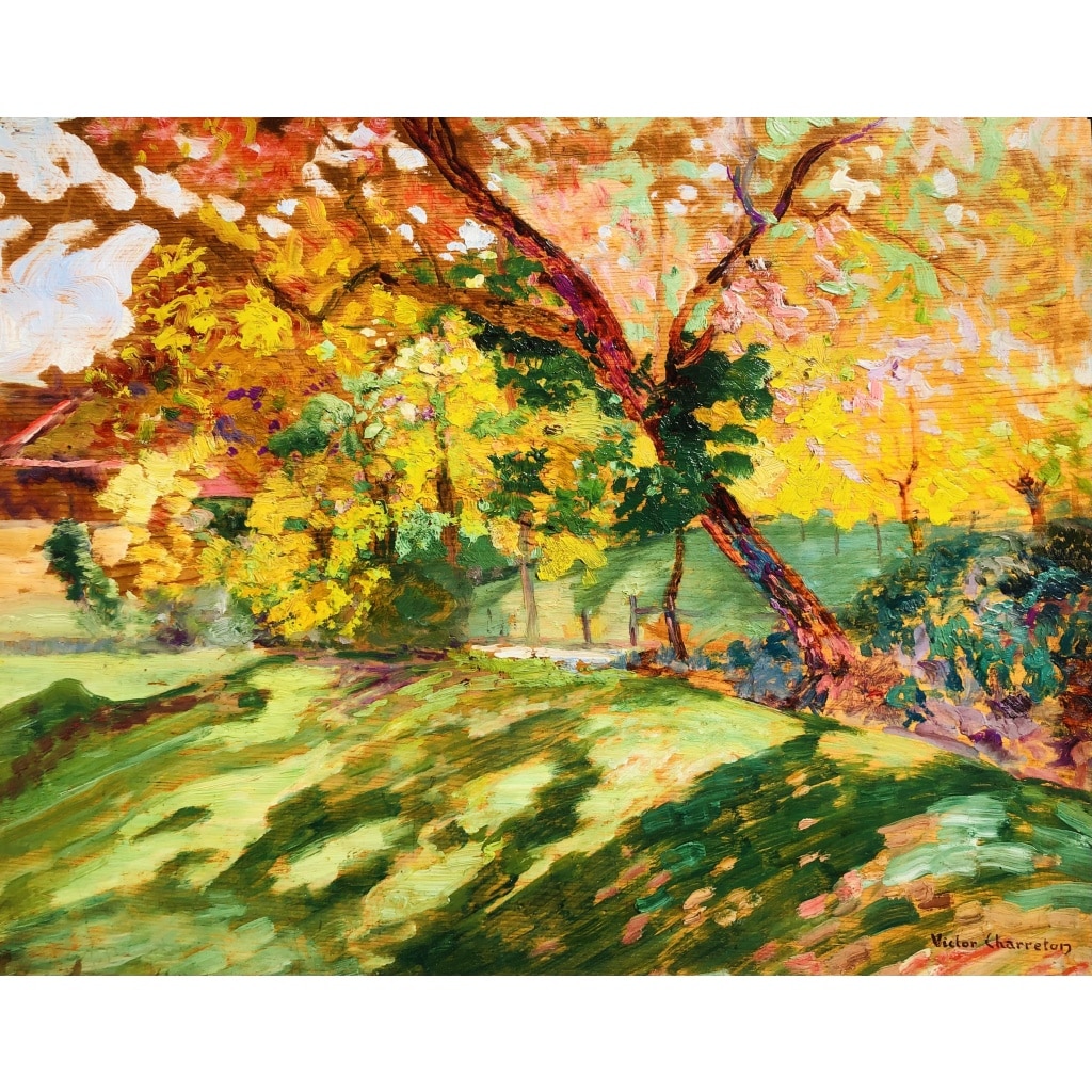 CHARRETON Victor Ecole Française 20è Siècle Paysage ensoleillé Huile sur panneau Signée 5