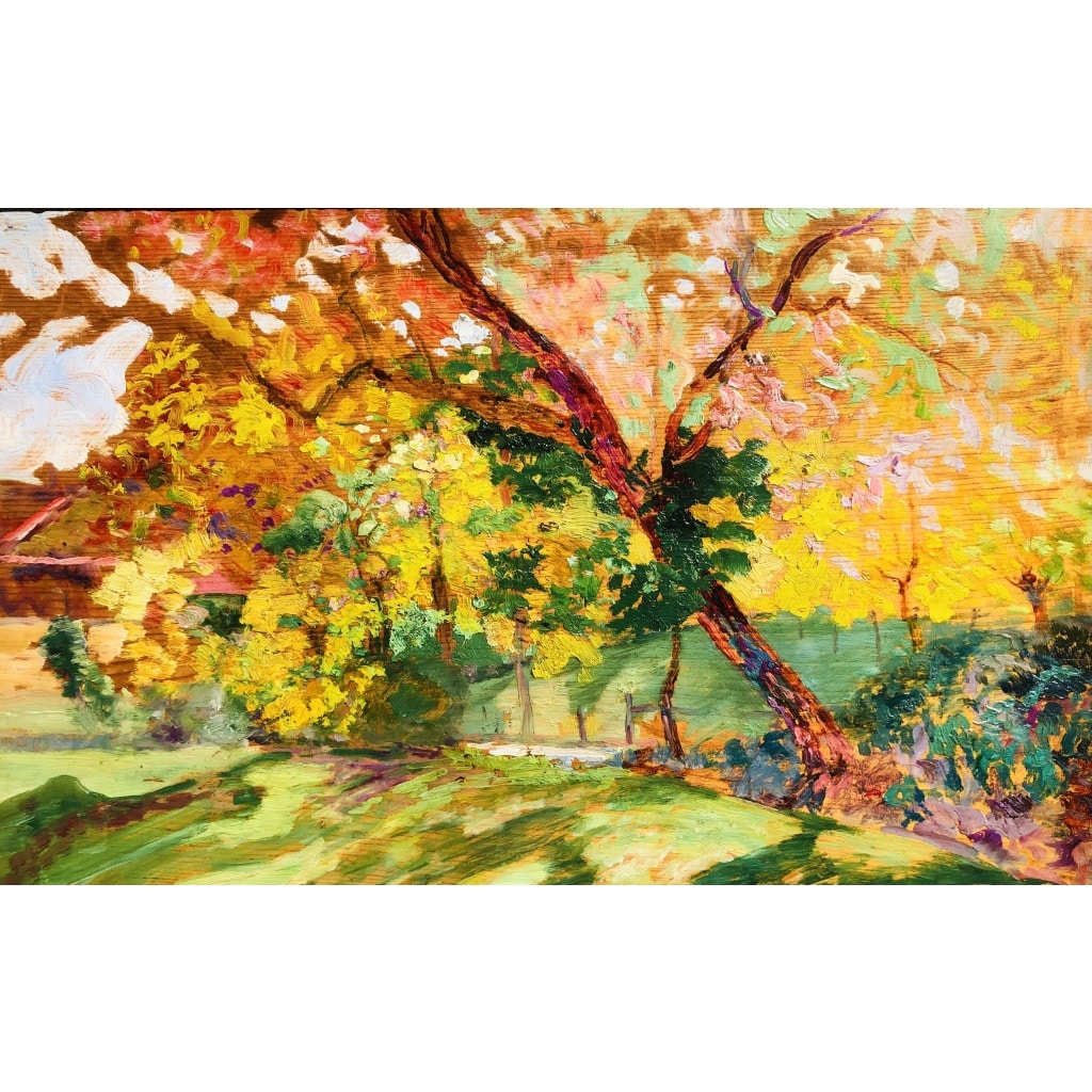 CHARRETON Victor Ecole Française 20è Siècle Paysage ensoleillé Huile sur panneau Signée 6