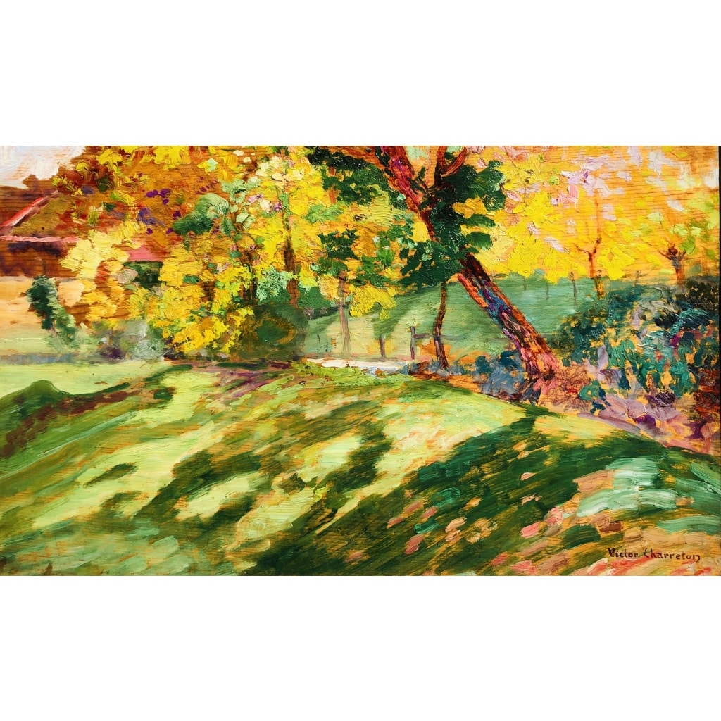 CHARRETON Victor Ecole Française 20è Siècle Paysage ensoleillé Huile sur panneau Signée 7