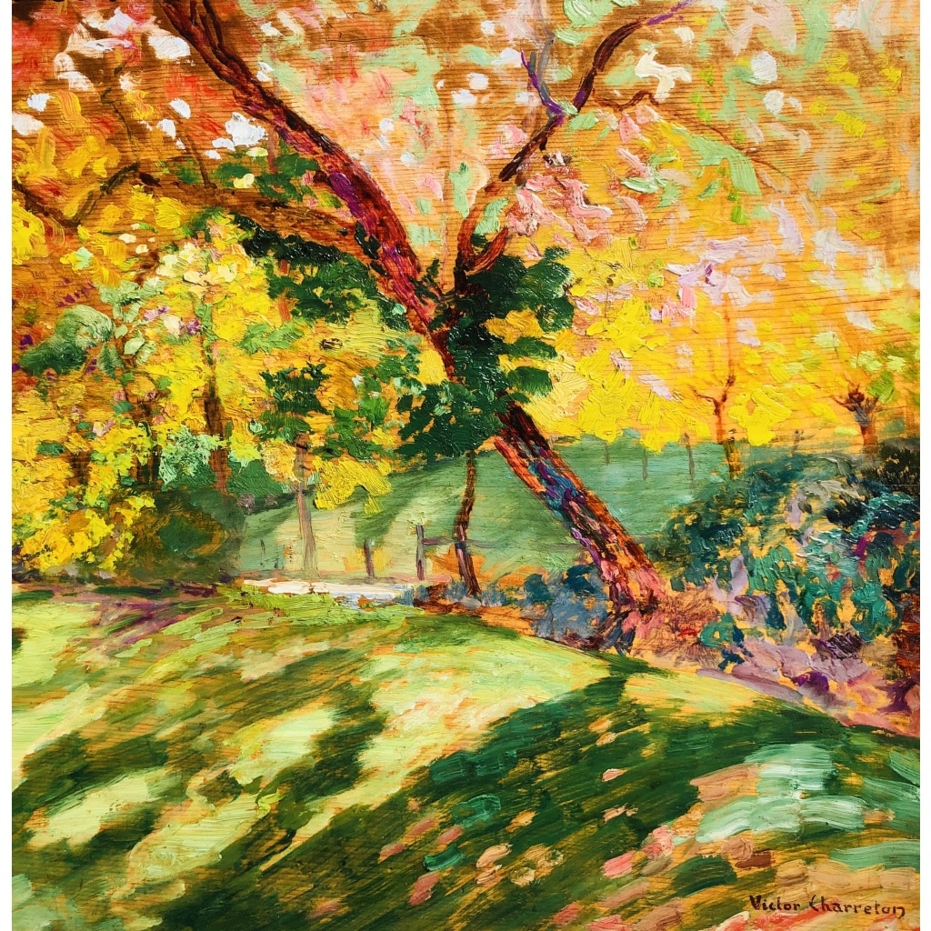 CHARRETON Victor Ecole Française 20è Siècle Paysage ensoleillé Huile sur panneau Signée 12