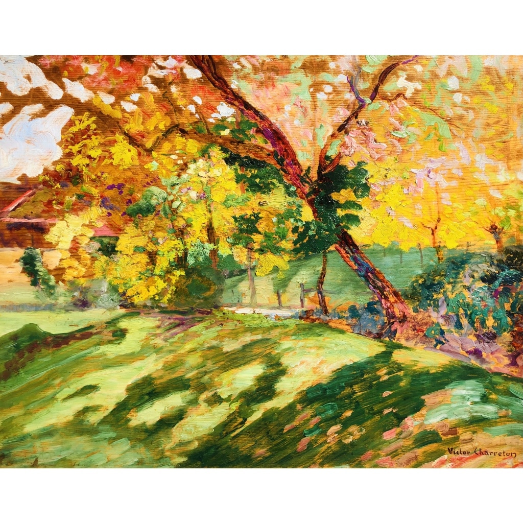 CHARRETON Victor Ecole Française 20è Siècle Paysage ensoleillé Huile sur panneau Signée 10